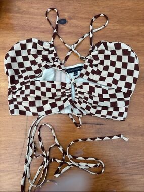 Cotton Candy Brown & Cream Checkered Tie-Back Crop Top
